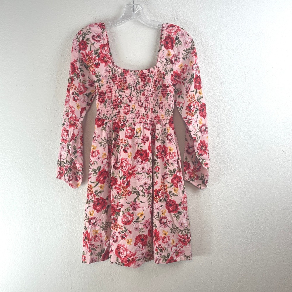 Old Navy Womens Pink Floral‎ Smocked Square Neck Long Sleeve Mini Dress XS NEW